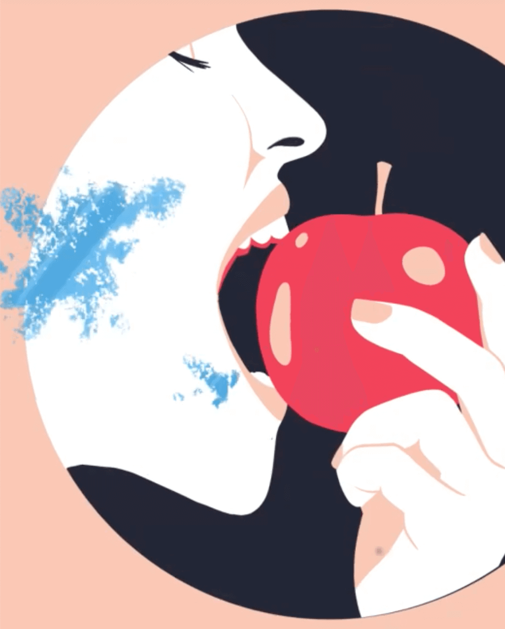 Illustration aus einem Erklärvideo von einer Person, die in einen roten Apfel beisst.