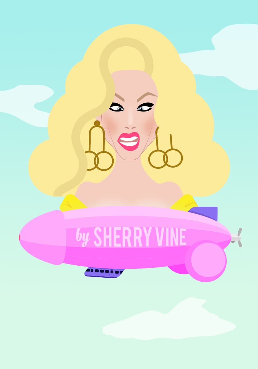 Illustration von Sherry Vine und eines fliegenden Zeppelins vor einer Himmelkulisse.