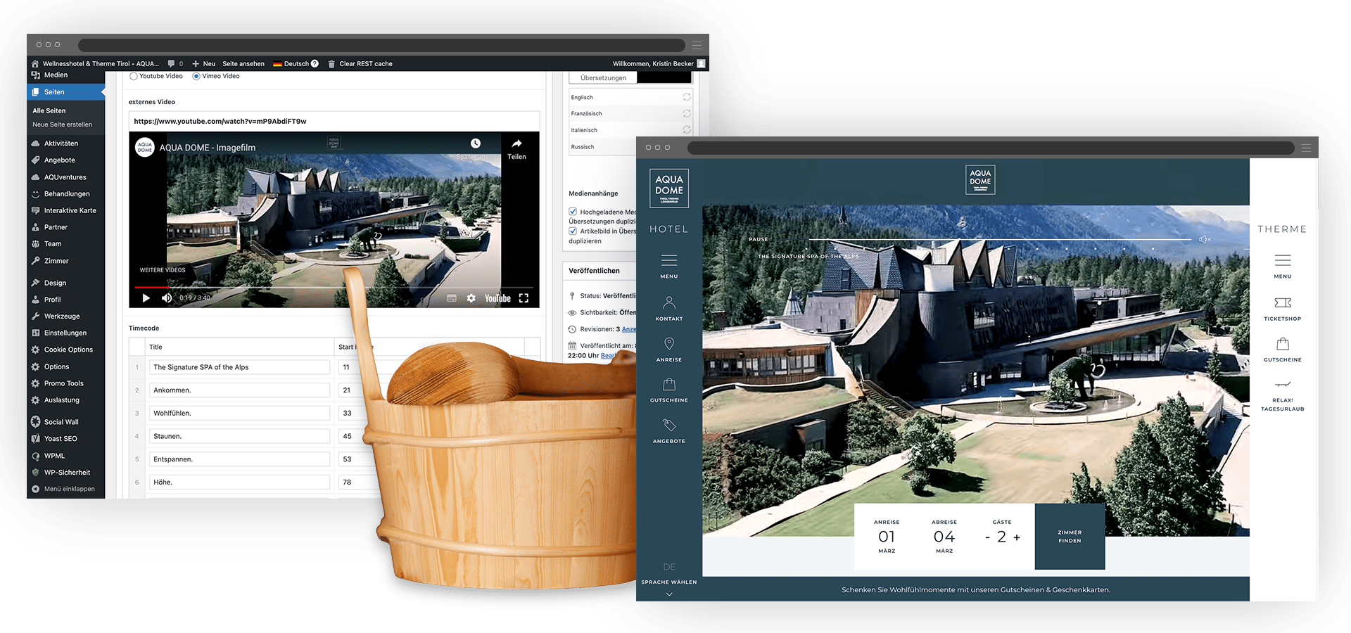 Aqua Dome, Spa und Therme, Headergrafik mit zwei Webansichten sowie Sauna-Bottich