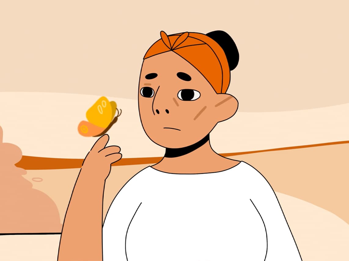 Illustration einer Frau, vor Landschaft, warme Töne, ein Schmetterling landet auf ihrer Hand