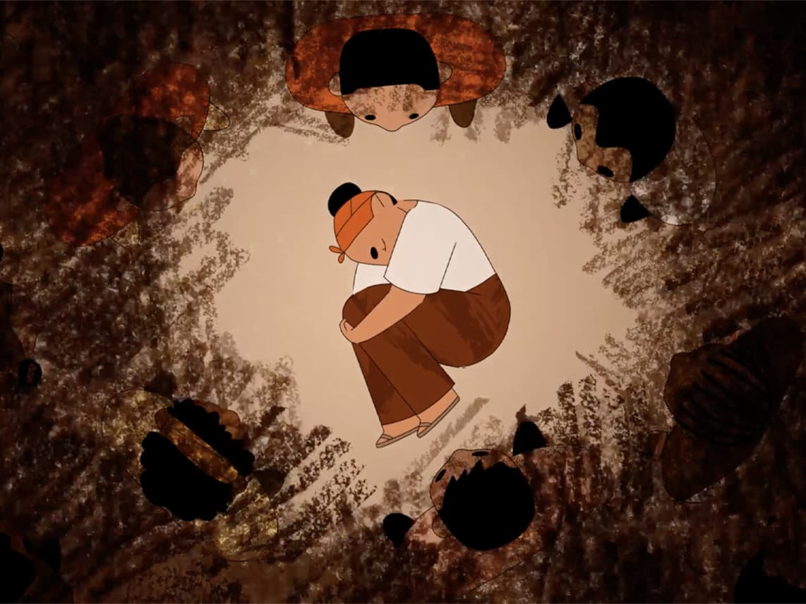 illustration einer zusammengekauerten Frau aus Boden, umzingelt von einer Gruppe Menschen