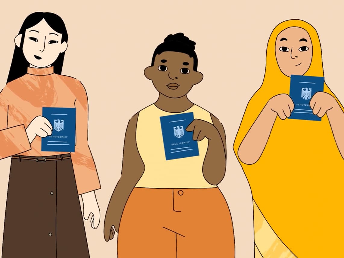Illustration mit drei diversen Frauen, die einen Schutzbrief in der Hand halten