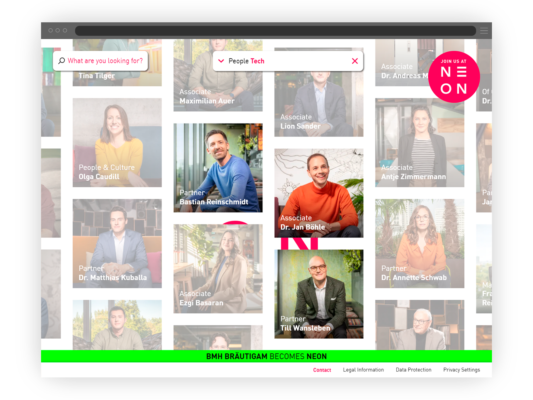 Websitenmockup eines Kachelgrids mit Vorauswahl