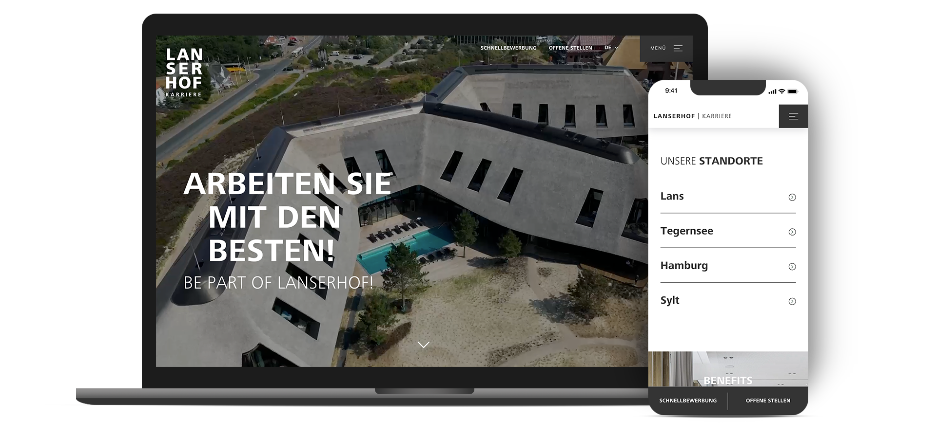 Grafik mit Laptop und Mobiltelefon, die Lanserhof-Karriere Website zeigend