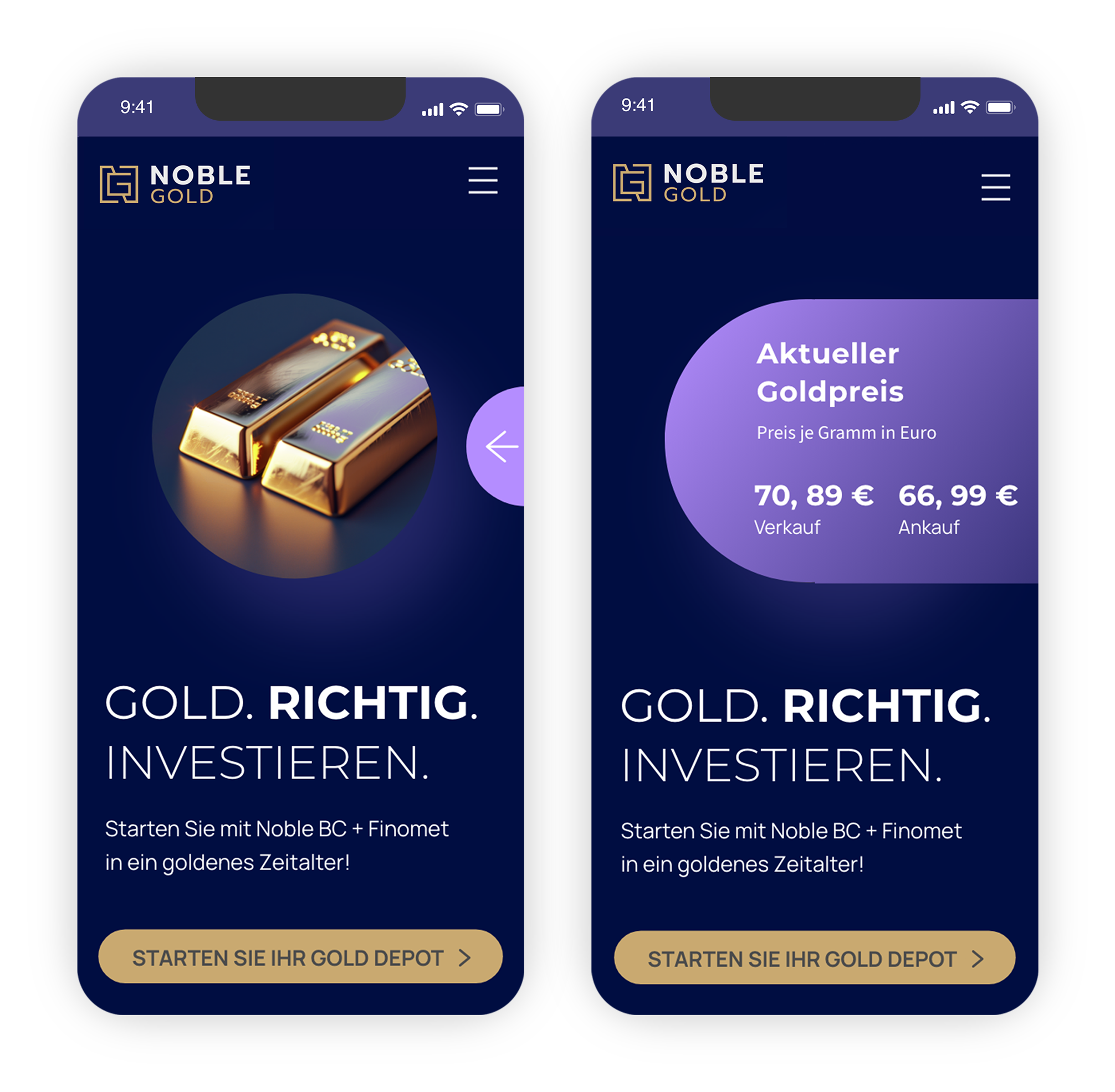 Noble-Gold +Finomet Website in Mobilansicht
