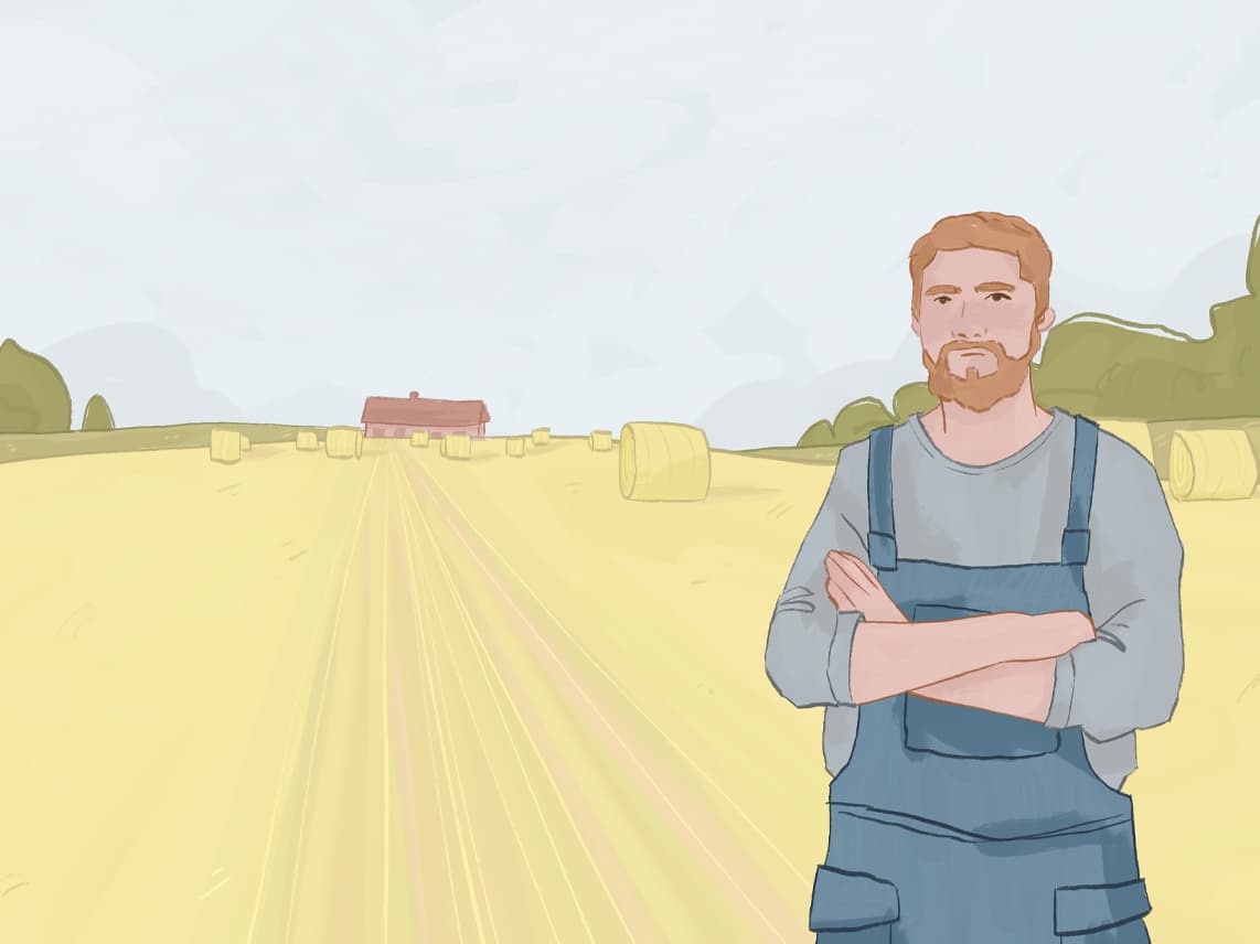 Illustration eines unzufriedenen Bauern auf seinem Feld für die ZDF aspekte Sendung über Landwirschaft
