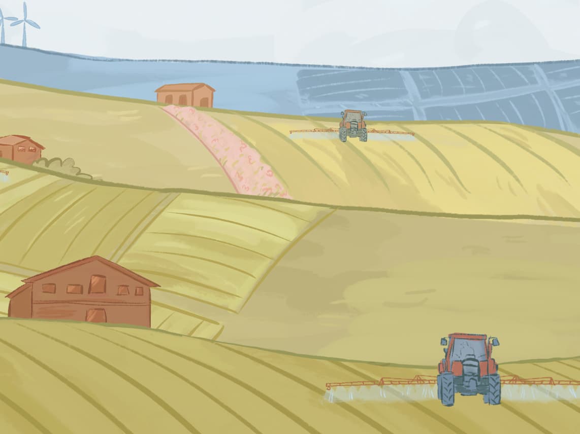 Illustrierte Felder mit Traktoren für die ZDF aspekte Sendung über Landwirschaft