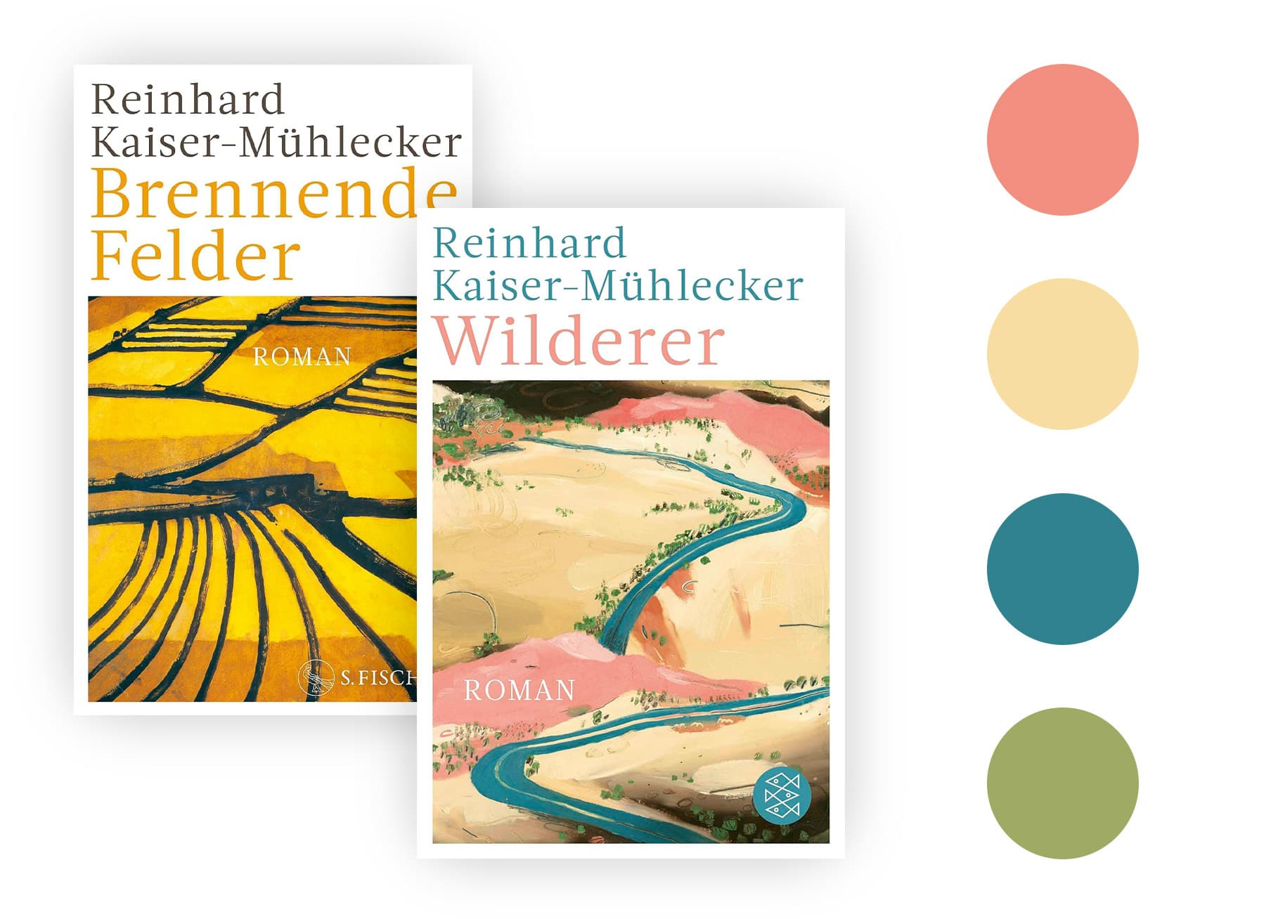 Zwei Buchcover des Schriftstellers Reinhard Kaiser-Mühlecker und Farbpalettenauswahl für die Stilfindung des ZDF aspekte Beitrags über Landwirtschaft