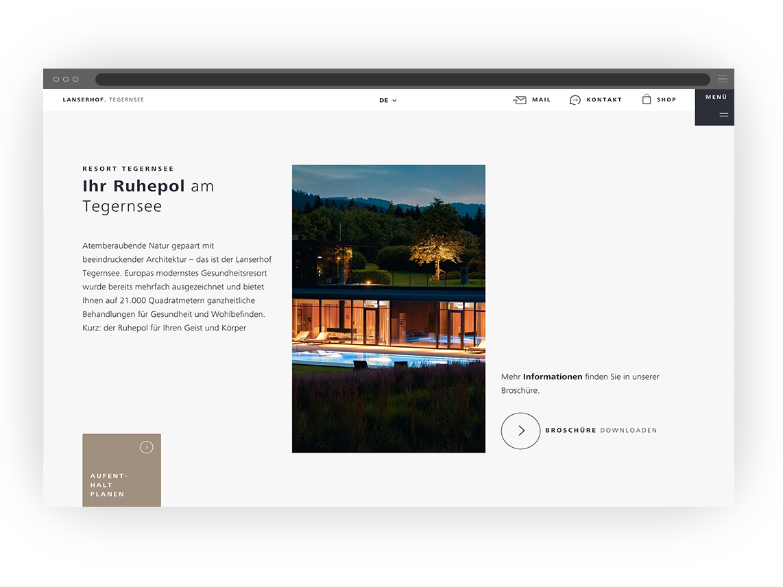 Screen-Shot mit Ansicht des Teaser-Scrollers bei Lanserhof Resort Tegernsee