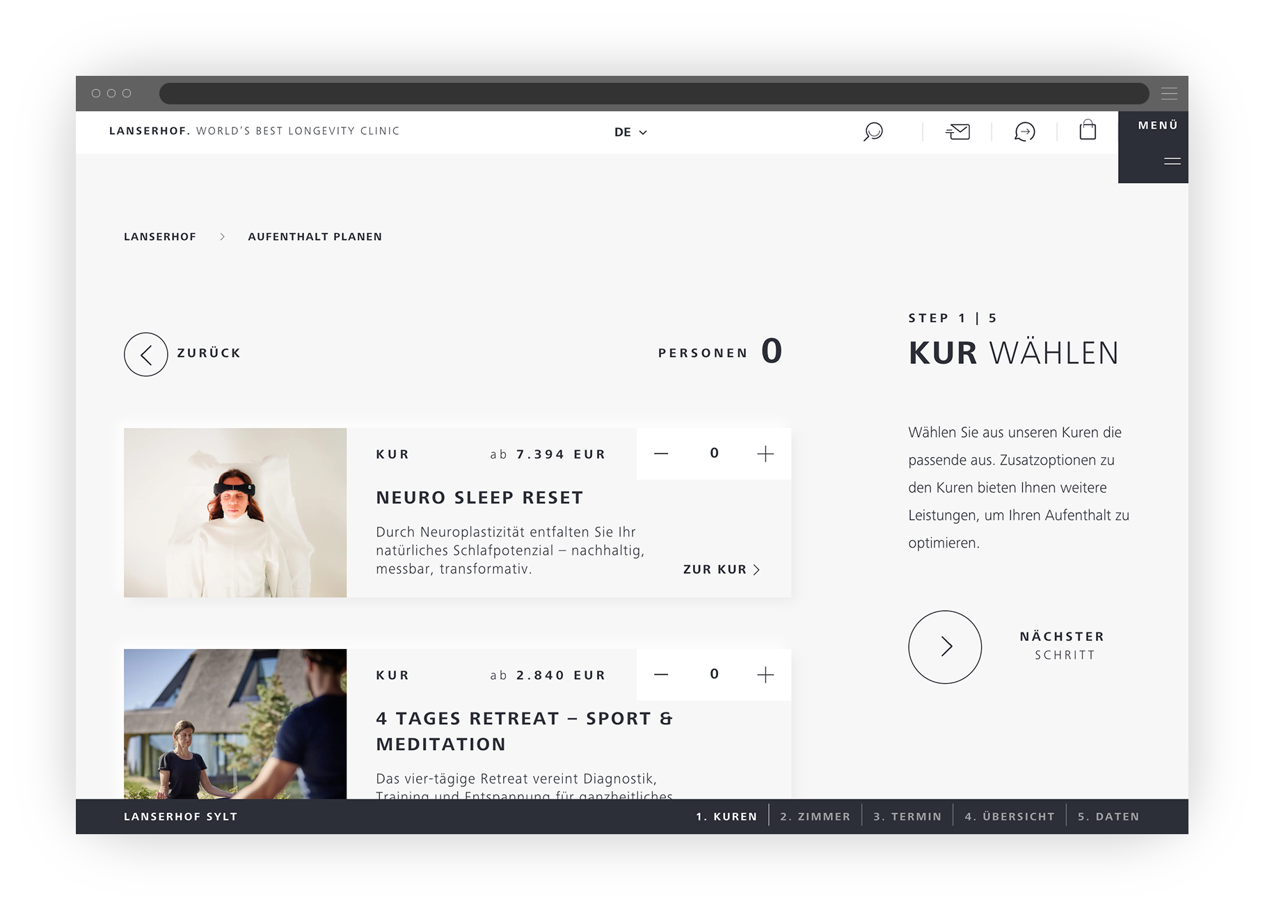 Website-Mockup mit Lanserhof Buchen-Bereich