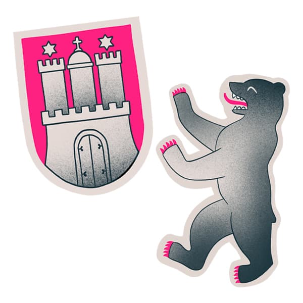 Illustration aus einem TV-Beitrag der Sendung ZDF aspekte mit der Darstellung des Berliner Baerens und des Hamburger Wappens