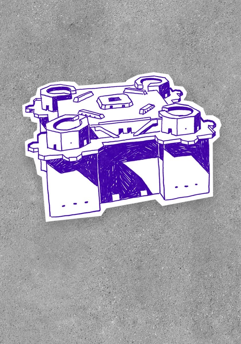 Illustration eines Bunkers auf Betonwand-Hintergrund für den ZDF-aspekte-Beitrag über die Geschichte des Bunkers
