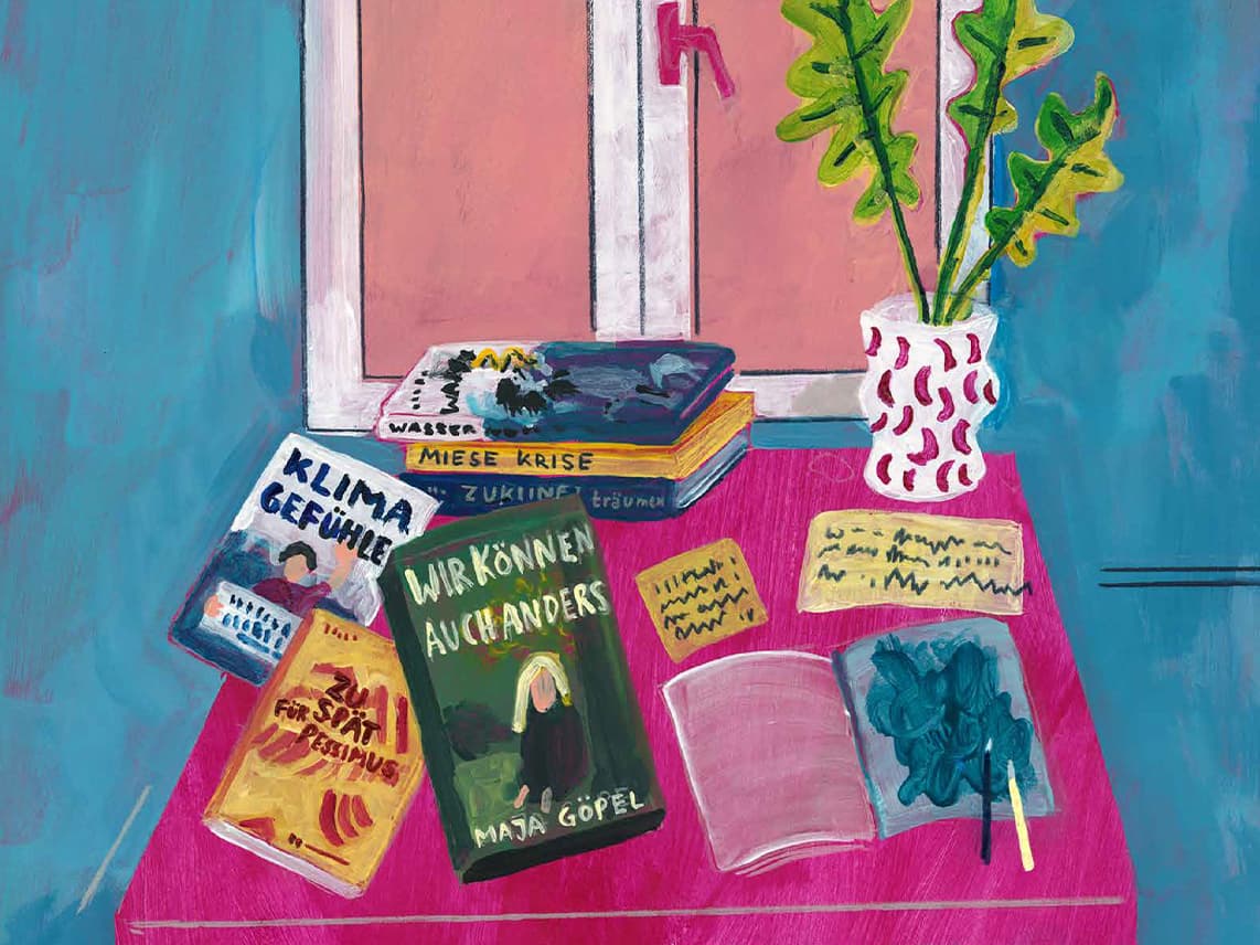 Illustration eines Tisches mit Büchern und einer Pflanze aus dem Buch Klimaangst und Wandelmut von Lena Hällmayer