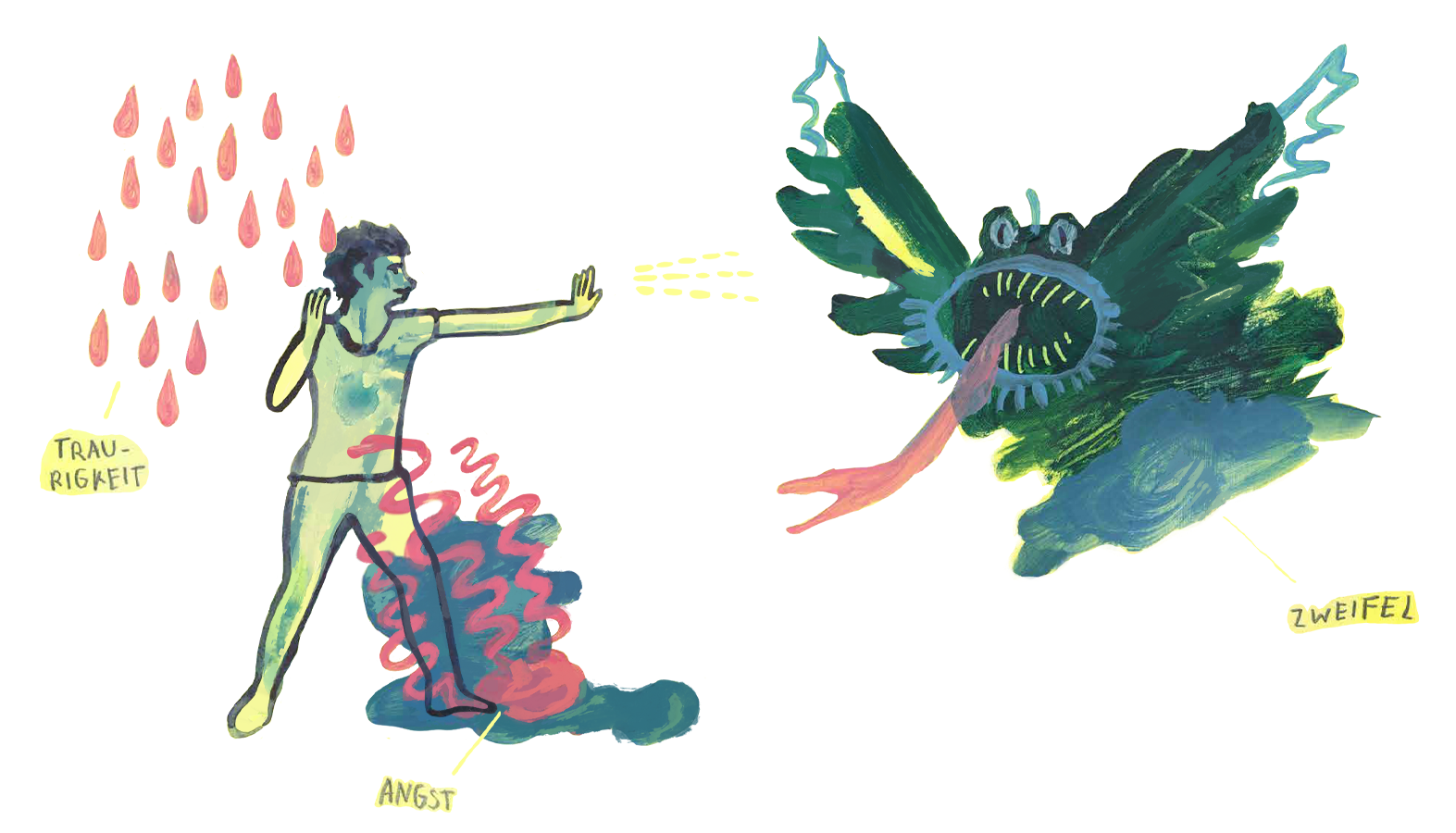 Illustration einer Person die mit Ihren personifizierten negativen Emotionen kämpft aus dem Buch Klimaangst und Wandelmut von Lena Hällmayer