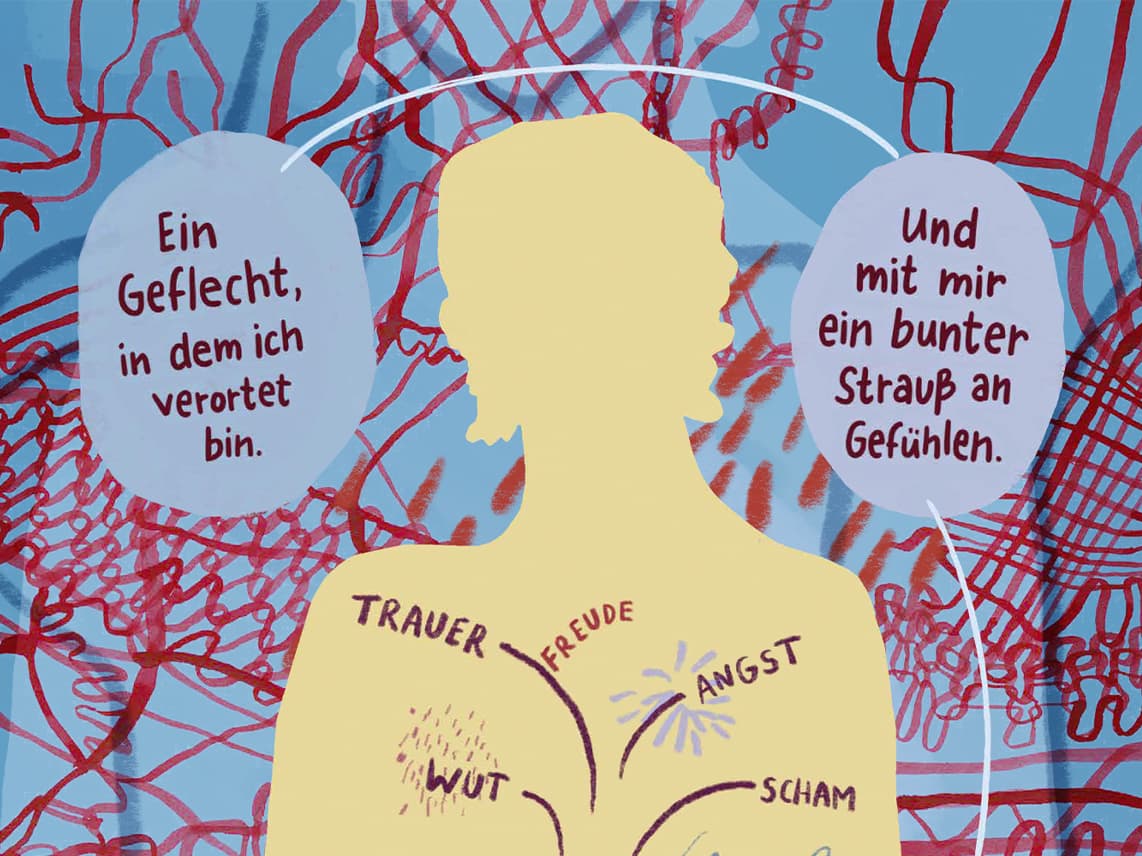 Illustration eines Tisches mit der Silhouette einer Person und Sprechblasen aus dem Buch Klimaangst und Wandelmut von Lena Hällmayer