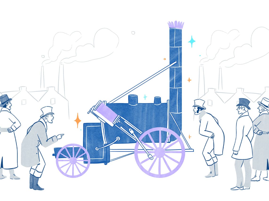 Illustration von Männern mit Zylinder auf dem Kopf, die eine Maschine während der Industrialisierung bewundern, für den TV-Beitrag "Mensch vs. KI". Die Männer sind in Weiß und Grau gehalten, die Maschine in Blau mit lila Details.