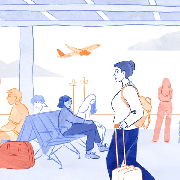 Illustration eines Flughafens im Travel-Journal-Stil für den ZDF-aspekte-Beitrag zum Thema Übertourismus