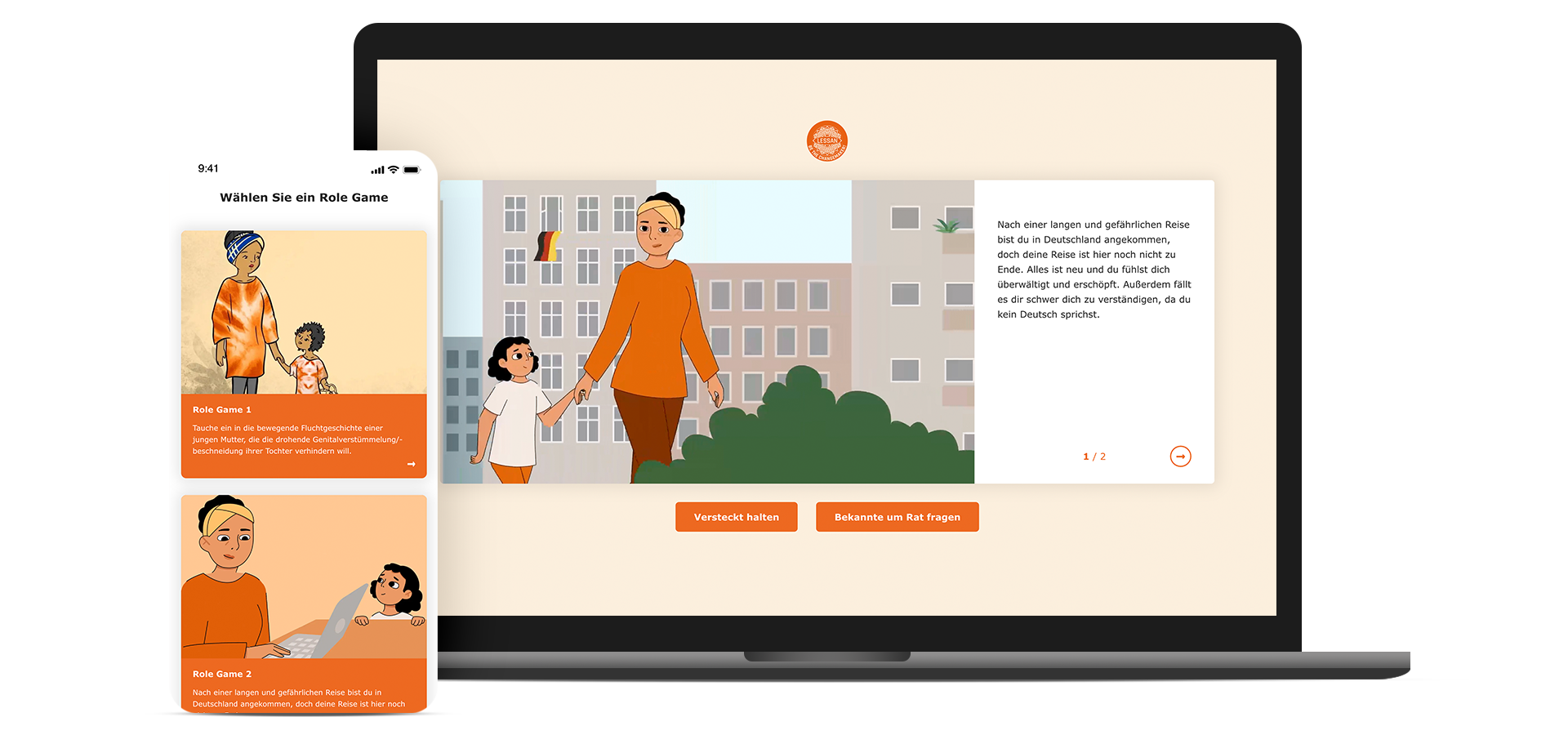 Bildmontage für Portfolio-Header: Laptop- und Smartphone-Ansicht des interaktiven Role Games von Lessan