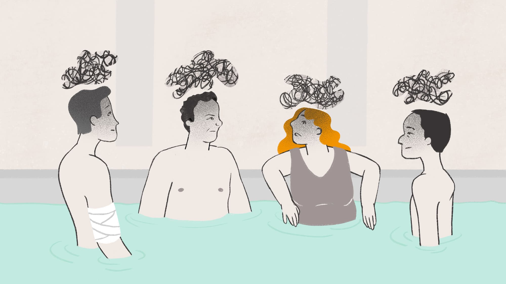 Illustration zu Haus der Sonne, Poolszene mit den Hauptfiguren die sich im Wasser unterhalten