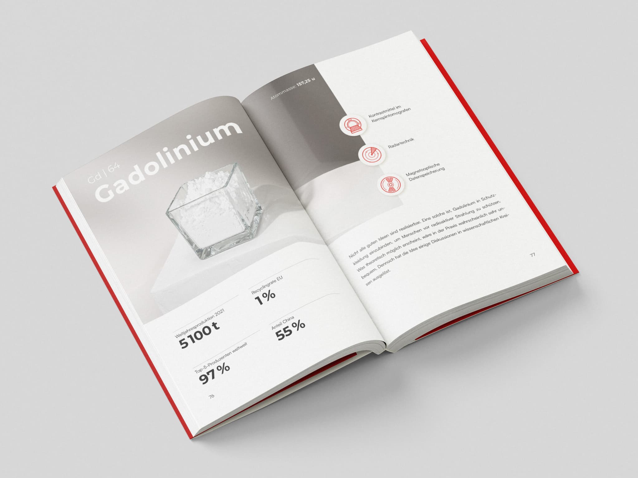 Geöffnetes Buch „Das Kokain der Industrie“, Innenseiten mit Produktdarstellung Gadolinium