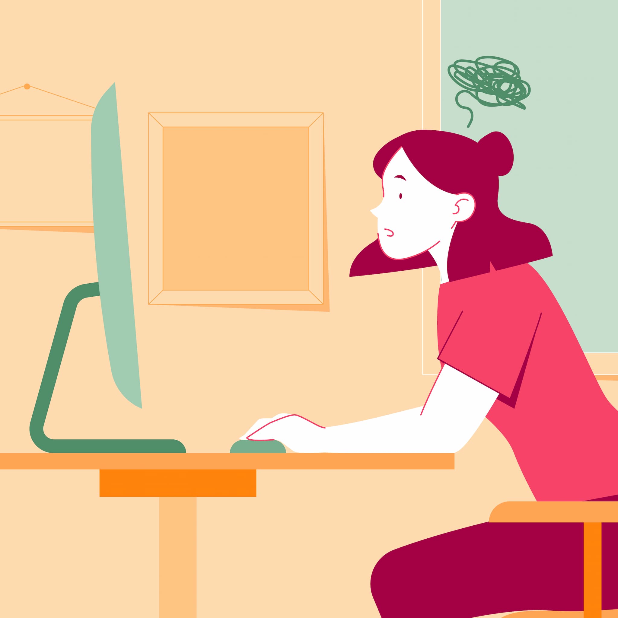 Vektorillustration einer Frau, die am Schreibtisch sitzt und mit rauchendem Kopf ihren Screen anschaut. Für die ZDF-aspekte-Sendung über Denkmalschutz.