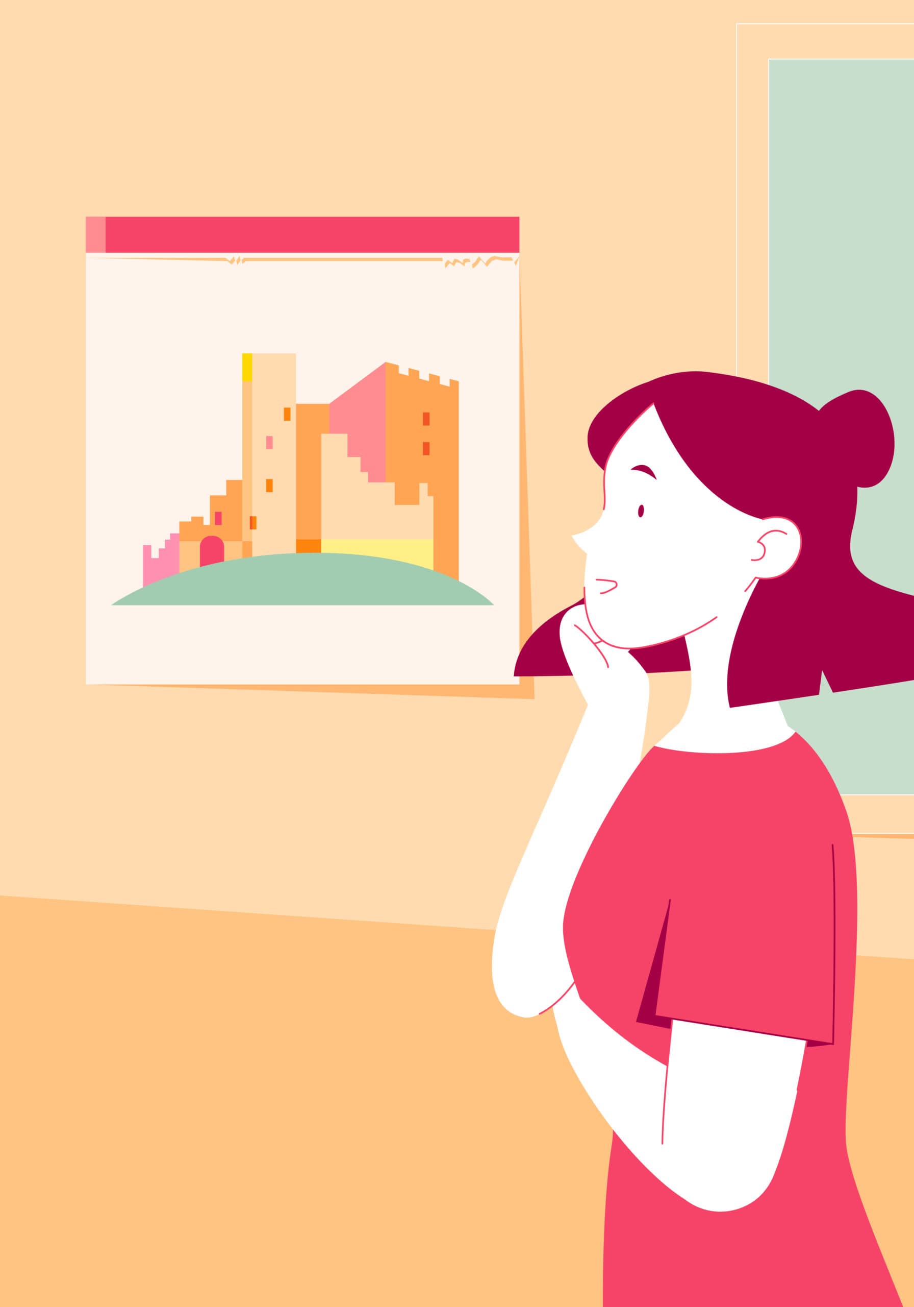 Vektorillustration einer Frau, die in einem Raum an einem Wandkalender vorbeiläuft, auf dem eine denkmalgeschützte Burg abgebildet ist.