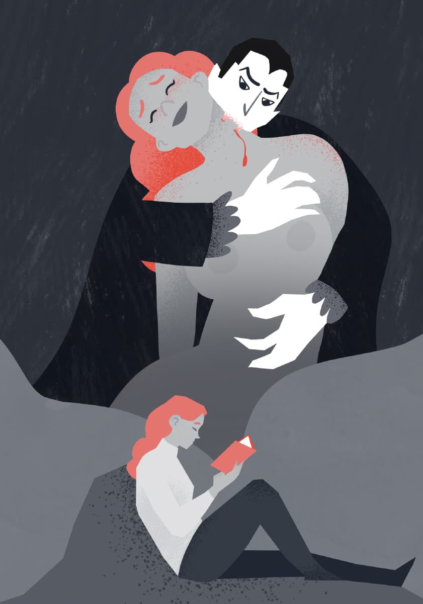 Illustration einer Frau, die von einem Vampir gebissen wird, für die ZDF aspekte-Sendung über die Geschichte des Horrors