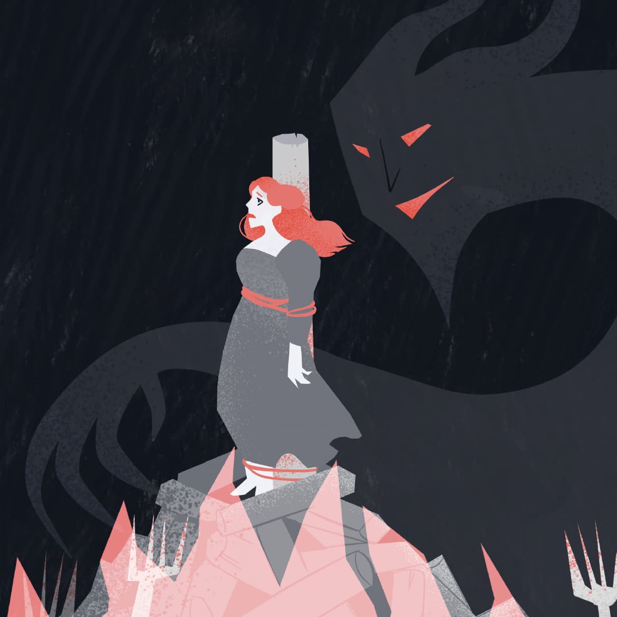 Illustration einer Frau auf dem Scheiterhaufen mit großem schattenhaften Teufel im Hintergrund; für die ZDF-aspekte-Sendung über die Geschichte des Horrors