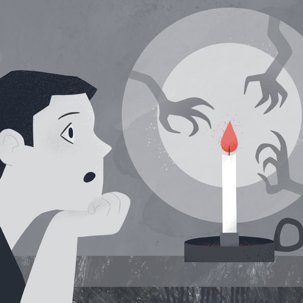 Illustration eines Mannes, der im Kerzenschein sieht, wie Hände aus den Schatten hervorkommen, für die ZDF-aspekte-Sendung über die Geschichte des Horrors