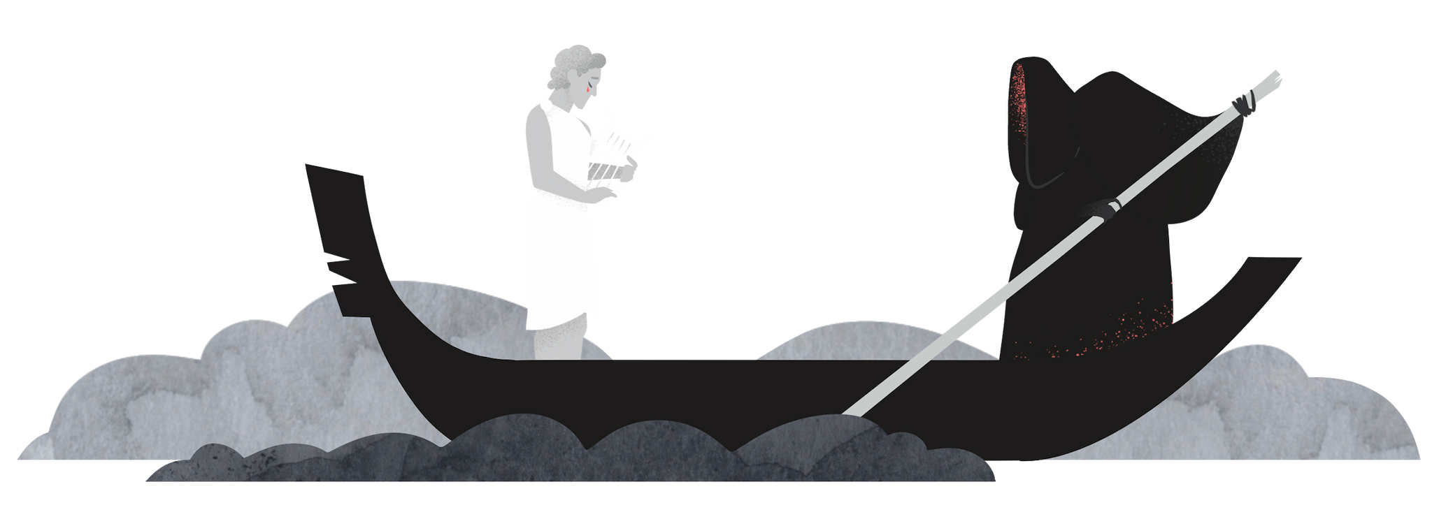 Illustration von Orpheus und Charon in einem Boot auf dem Styx, in der Unterwelt, für den ZDF-aspekte-Beitrag über die Geschichte des Horrors