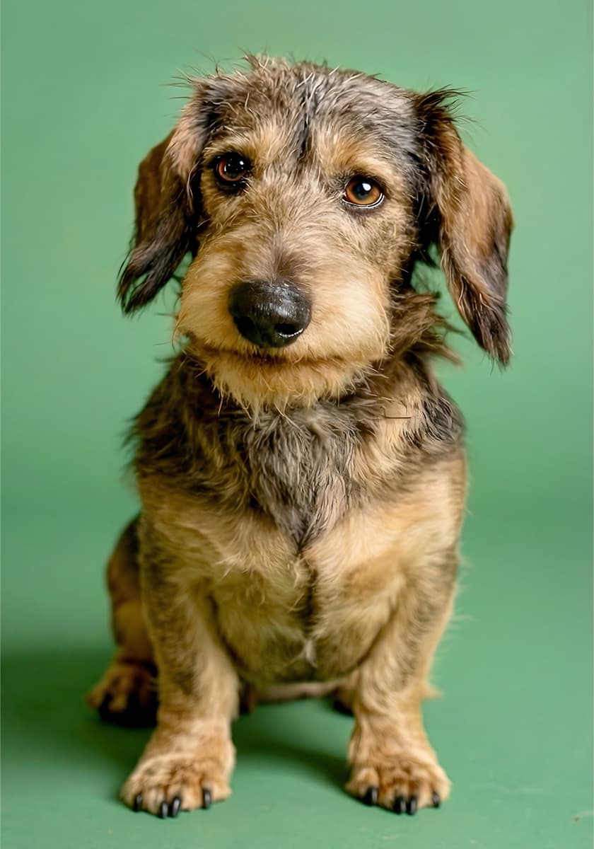 Flauschiger Hund vor einem Greenscreen, Frontalaufnahme