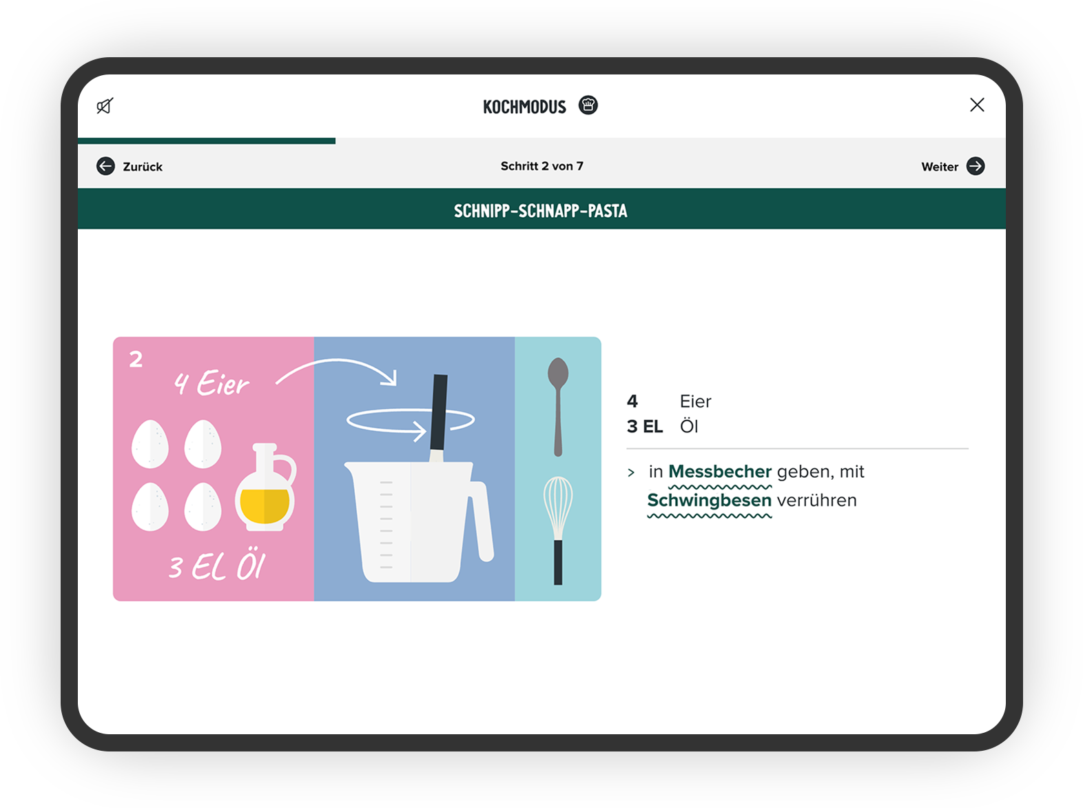 Darstellung eines Kochmodus-Bildschirms mit Schritt 2 von 7 für „Schnipp-Schnapp-Pasta“. Links sind 4 Eier und 3 Esslöffel Öl abgebildet, mittig ein Messbecher mit Rührbesen, rechts die Zutatenliste und Anweisung zum Verrühren.