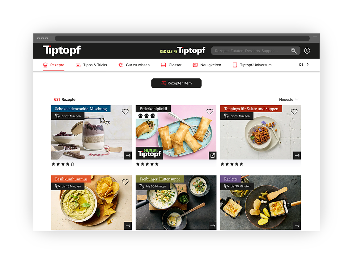 Webseite mit sechs Rezeptvorschlägen, darunter Schokoladenkeks-Mischung, Federkohlpäckli, Toppings für Salate und Suppen, Basilikumhummus, Freiburger Hüttensuppe und Raclette.