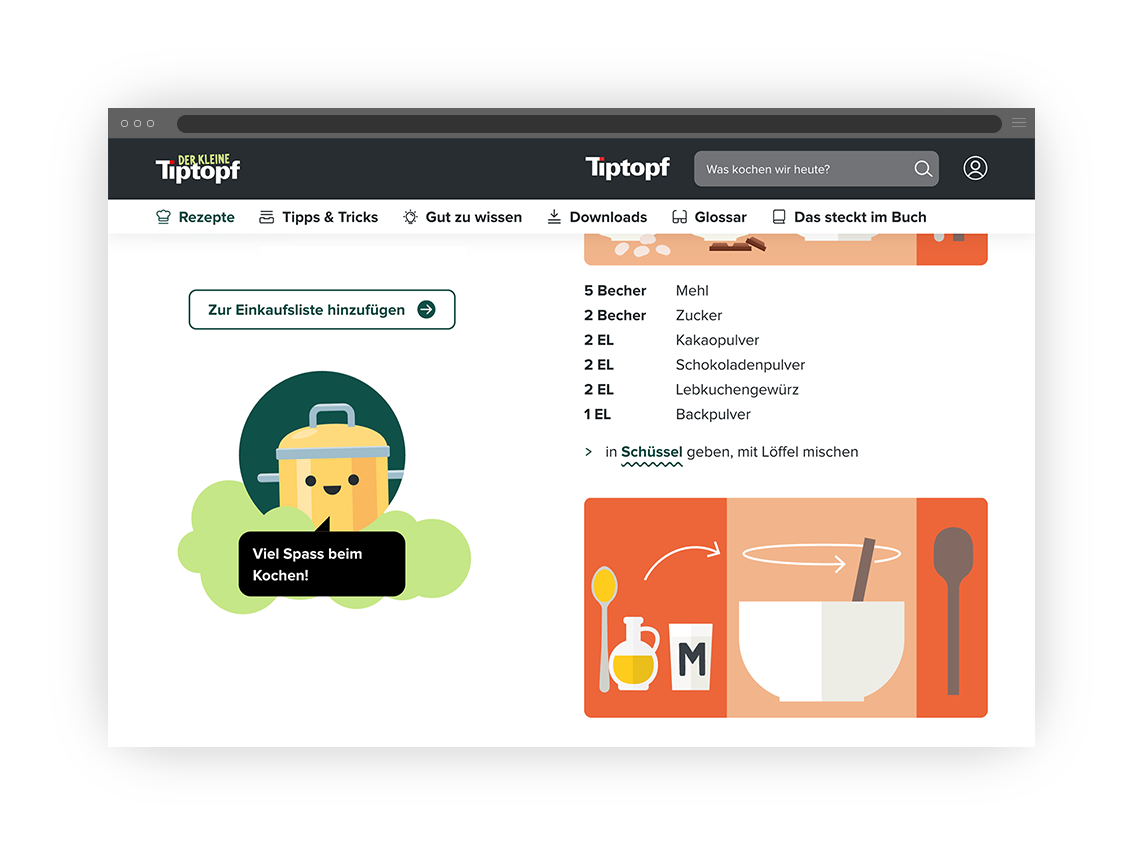 Webseite mit Rezept für den kleinen Tiptopf, zeigt Zutatenliste und Illustration mit Schüssel, Löffel, Messbecher und Zutatenbehältern.