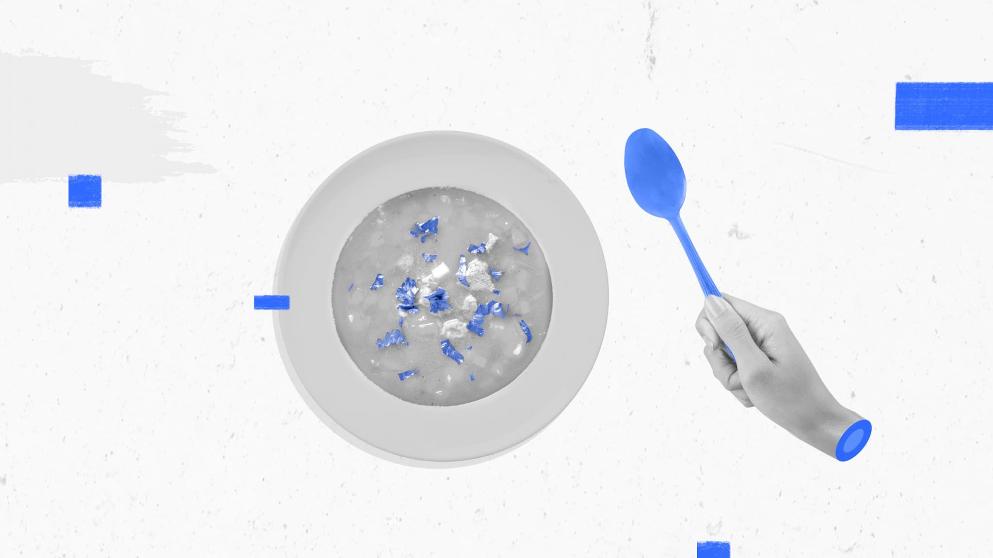 Collage zum aspekte-Beitrag über Führungsstile von Chefs: Suppenteller und Hand mit Löffel, Schwarz-Weiß-Bild mit blauen Akzenten