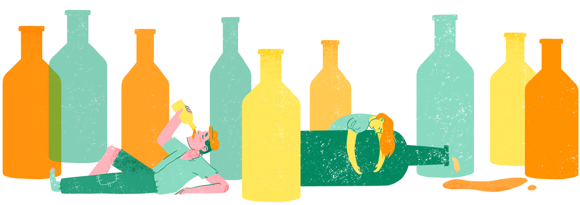 Illustration mit Alkoholflaschen und zwei betrunkenen Personen zur Industrialisierungszeit, für den aspekte-Beitrag (ZDF) über Alkohol