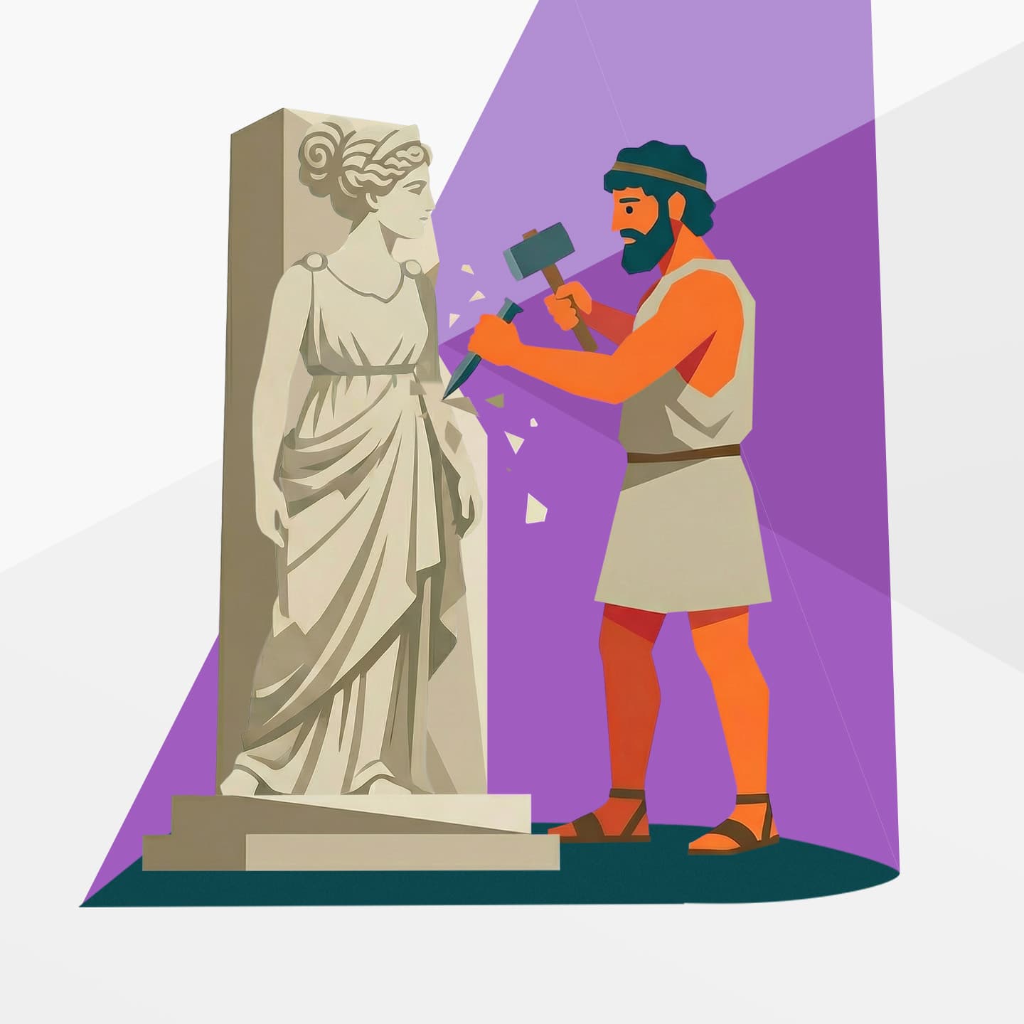 Illustration als Content-Grafik auf Portfolio-Seite zum aspekte-Beitrag über Liebe zwischen Mensch und Technik/KI: Mann aus Antike an Statue arbeitend