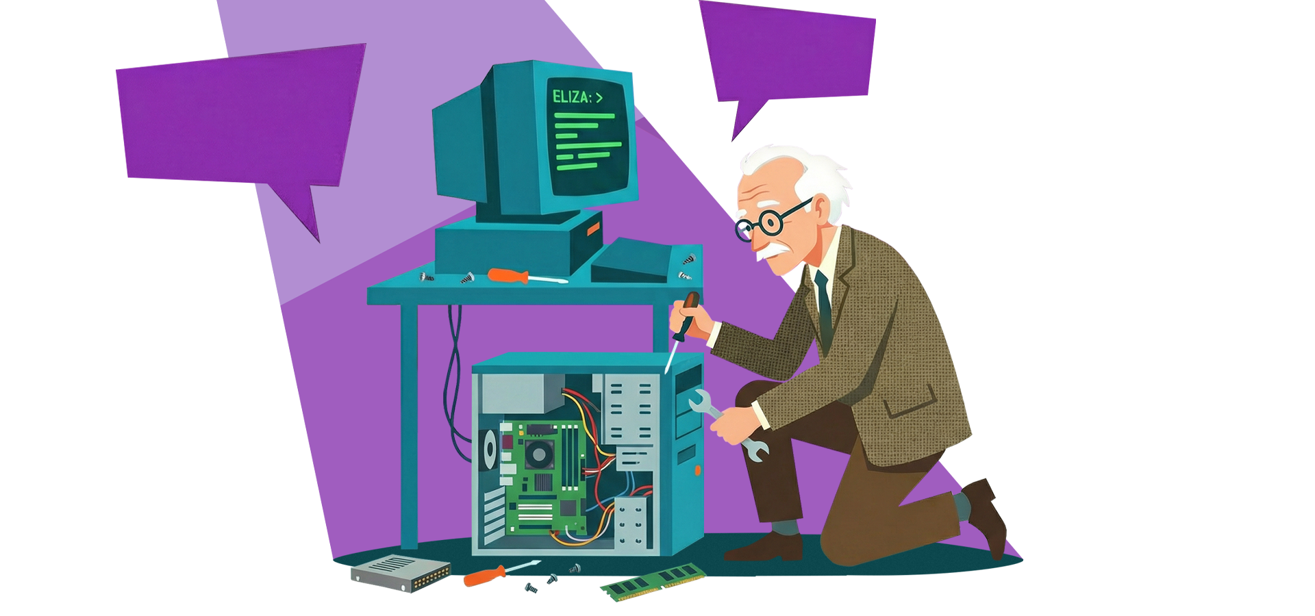 Header-Illustration für Portfolio-Seite zum aspekte-Beitrag über Liebe zwischen Mensch und Technik/KI: Forscher am Computer