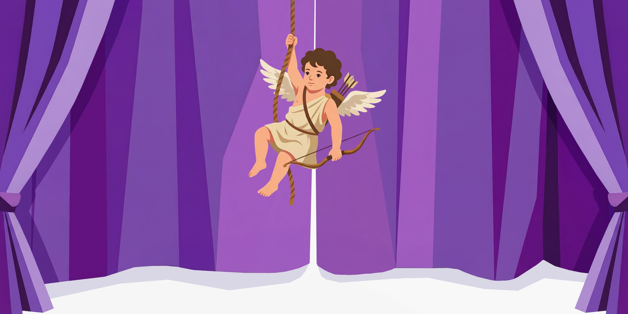 Illustration als Content-Grafik auf Portfolio-Seite zum aspekte-Beitrag über Liebe zwischen Mensch und Technik/KI: Engelsfigur am Seil schwebt auf große Bühne