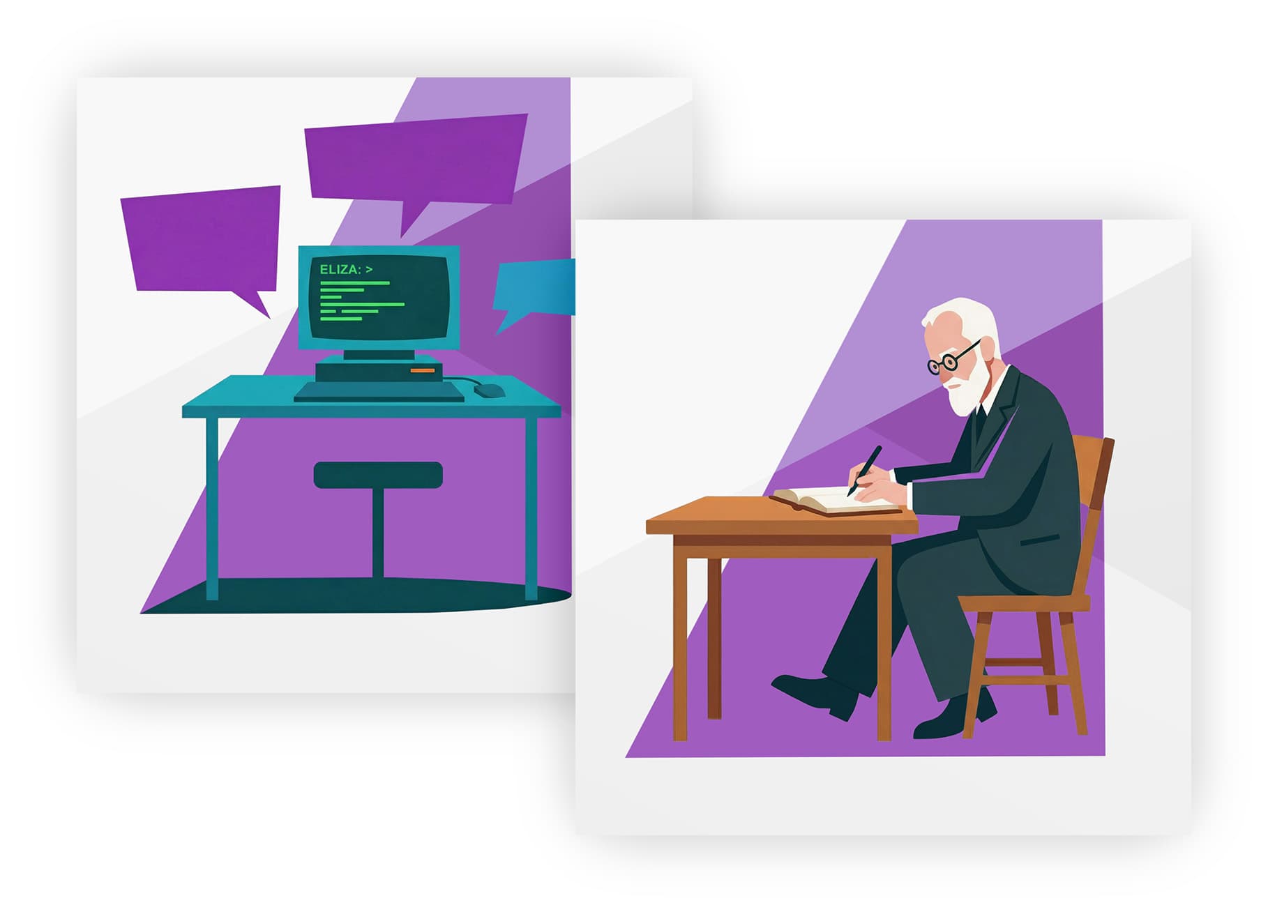 Collage als Beitragsbild auf Portfolio-Seite zum aspekte-Beitrag über Liebe zwischen Mensch und Technik/KI: Wissenschaftler am Schreibtisch und Computerarbeitsplatz