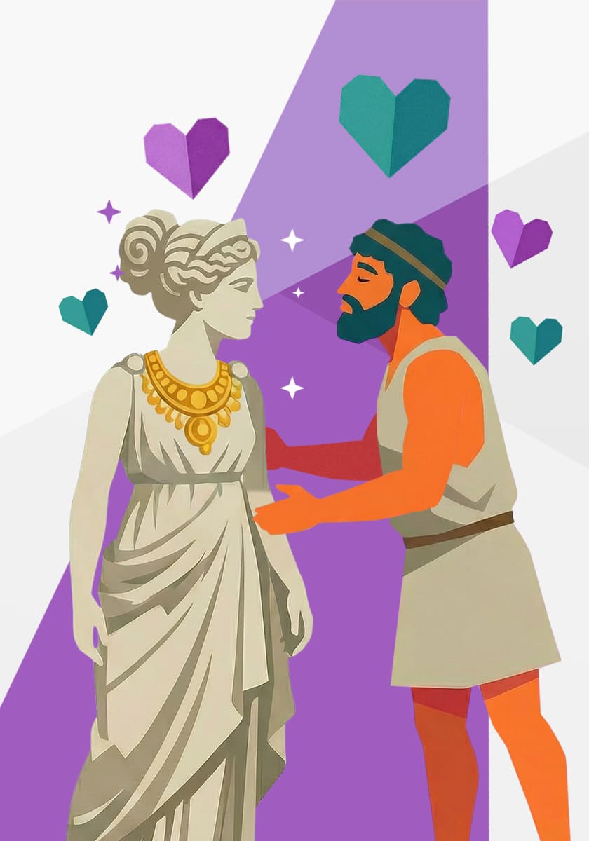 Illustration im antiken Stil: Ein bärtiger Mann in einer Tunika blickt lächelnd und mit ausgestreckten Armen eine weibliche Marmorstatue an, die eine goldene Kette trägt. Um die beiden Figuren schweben türkise und violette Herzen sowie kleine weiße Sterne vor einem abstrakten violetten Hintergrund.