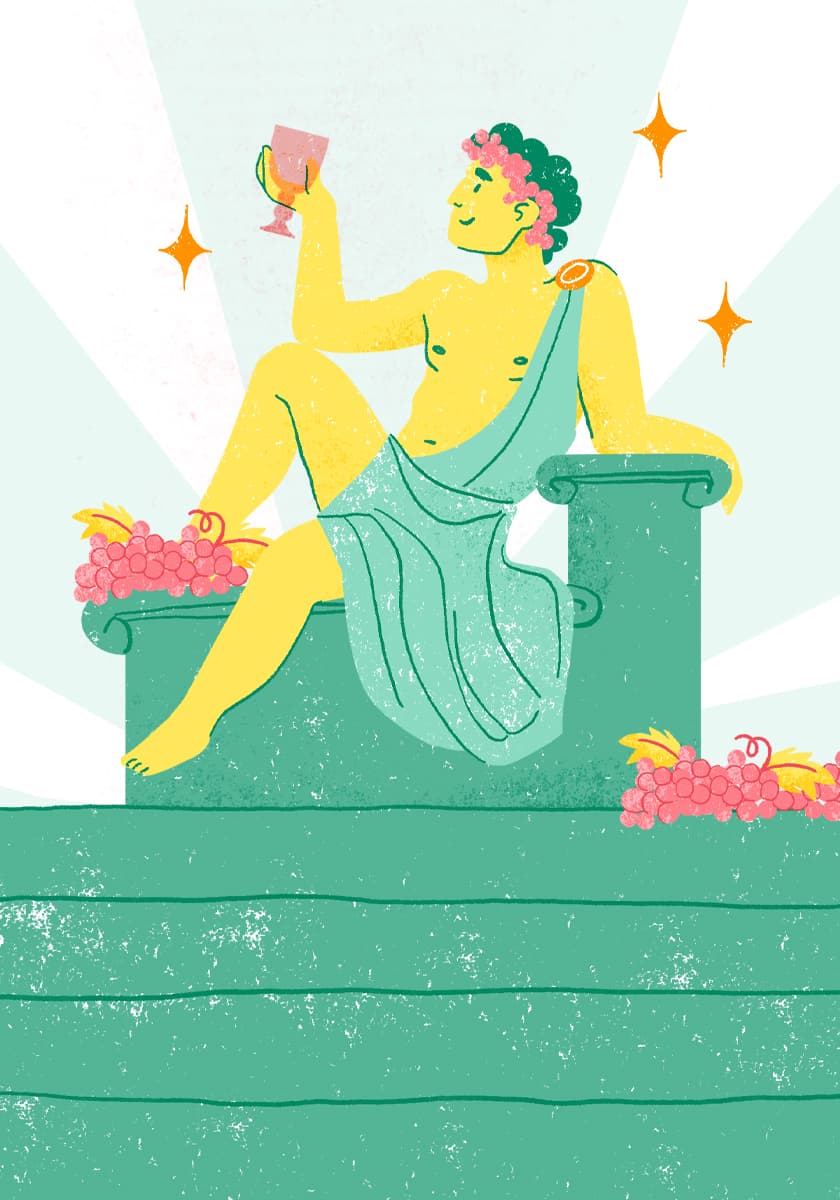 Illustration für den ‚aspekte‘-Beitrag über Alkohol, erstellt im Risografie-Stil: Weingott Dionysos auf einem Podest sitzend
