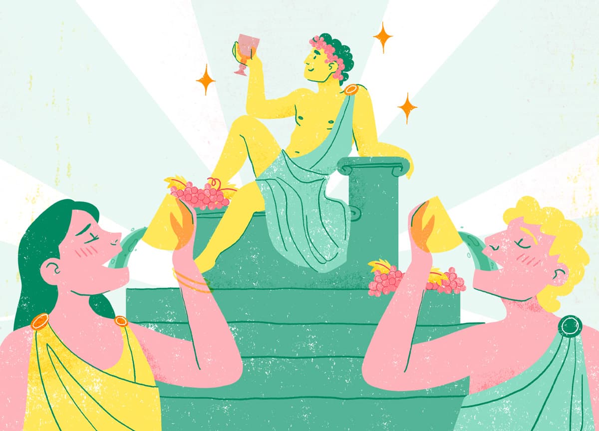 Illustration für den ‚aspekte‘-Beitrag über Alkohol, erstellt im Risografie-Stil: zwei Wein trinkende Griechen mit dem Weingott Dionysos, der im Hintergrund auf einem Podest sitzt.