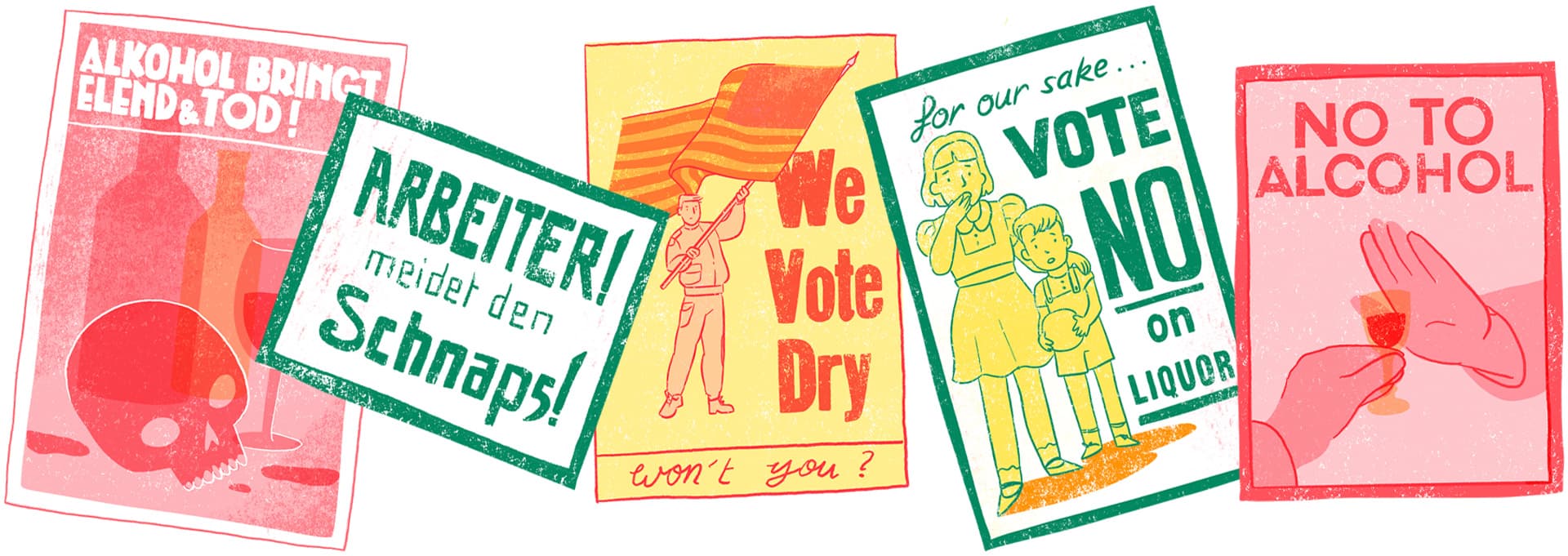Illustration von deutschen und amerikanischen Plakaten gegen den Konsum von Alkohol, für den ‚aspekte‘-Beitrag (ZDF) über Alkohol
