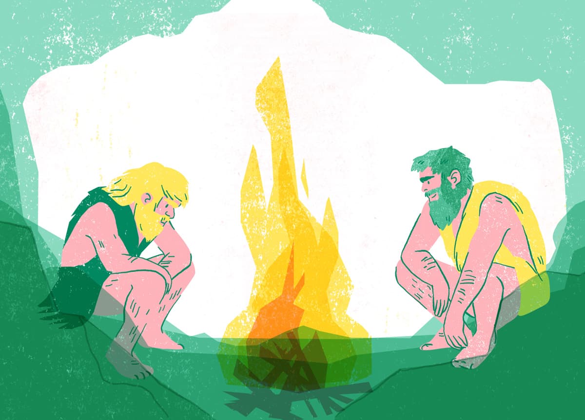 Illustration im Risografie-Stil für den ‚aspekte‘-Beitrag (ZDF) über Alkohol. Zwei Steinzeitmenschen in einer Höhle, vor einem brennenden Feuer.