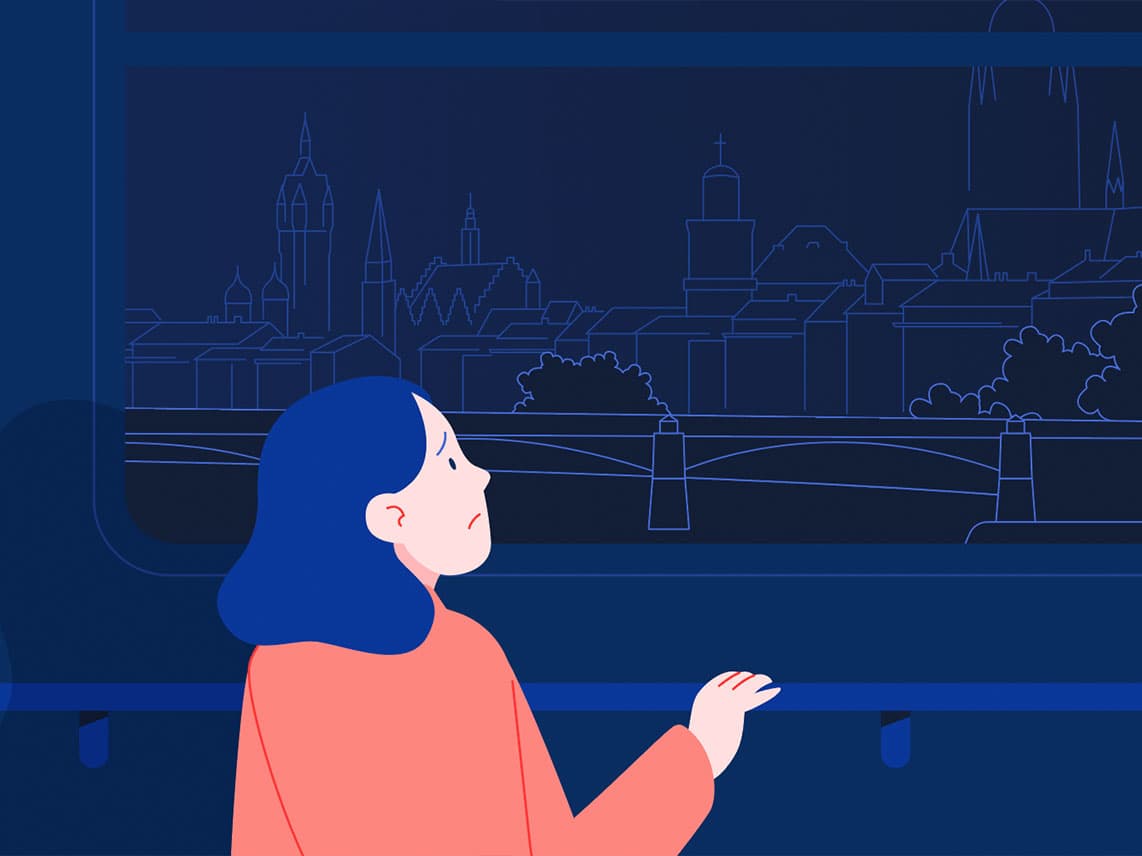 Illustration der Person Silvia Tennenbaum, am Zugfenster stehend, im Hintergrund eine dunkle Landschaft