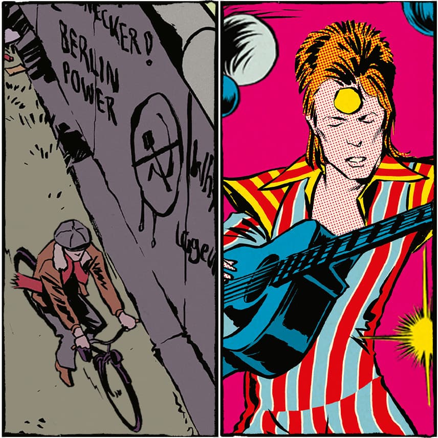 Zwei Comic Panele, freigestellt aus dem Comic von von Reinhard Kleist: ‚Starman – David Bowie’s Ziggy Stardust Years‘ und ‚Low, ein Panel stellt Bowies Zeit in Berlin da, mit Fahrrad und Berliner Mauer, das andere Panel zeigt Ziggy Stardust auf der Bühne mit Guitarre
