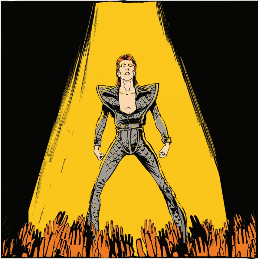 Comic Panel, freigestellt aus dem Graphic-Novel von von Reinhard Kleist: ‚Starman – David Bowie’s Ziggy Stardust Years‘ und ‚Low‘. Es zeigt eine Performance von Ziggy Stardust auf der Bühne; im unteren Bildanschnitt hochgestreckte Arme des jubelnden Publikums.